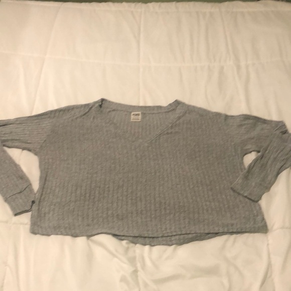 PINK Victoria’s Secret heathered grey v neck ribbed shirt oversized 4 many sizes - Picture 1 of 6